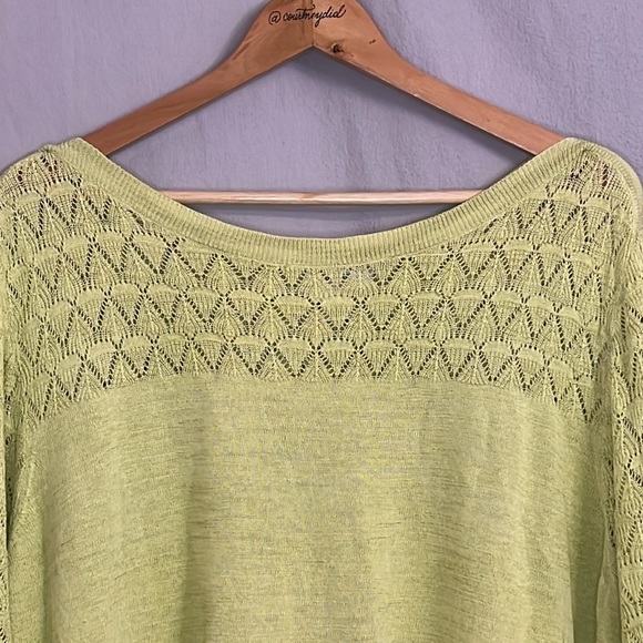 CJ Banks Chartreuse Green Open Knit Yoke and Sleeve, Tunic Sweater in 3X - Picture 3 of 14